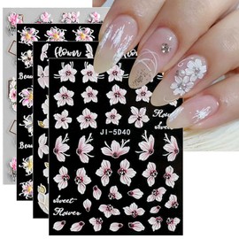 JMEOWIO 3D Embossed Spring Flower Nail Art Stickers Decals Self-Adhesive Pegatinas Uñas 5D Colorful Summer Floral Nail Supplies Nail Art Design Decoration Accessories 4 Sheets