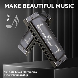 CONJURER Blues Harmonica for Beginners Adult Professional 10 Hole Diatonic Harmonica in D Key Phosphor Bronze Reeds Mouth Organ Metal Blues Harp with Case, Key of D Matte Black