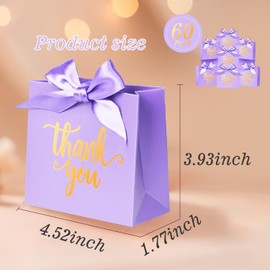 60Pack Mini Thank You Gift Bags, 4.5x1.8x3.9 Inches Purple Paper Gift Bags With Ribbon for Wedding, Candy Favor Boxes, Birthday Party, Baby Shower, Anniversary