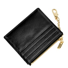 URAQT Credit Card Wallet for Women Men Small Wallet Card Holder Minimalist Leather Credit Card Case Slim Chain Keychain Wallet with 5 Card Slots and 1 Zipper Pocket（Black）
