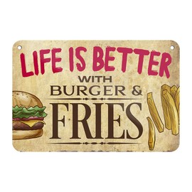 Life is Better with Burger & Fries Retro Decorative Hanging Sign with Cord and Suction Cup Decoration Kitchen Grill Corner Burger Shop 18 x 12 cm