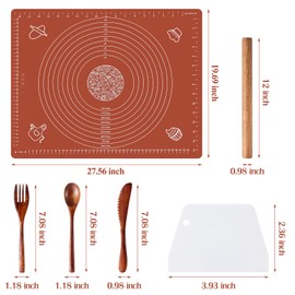 Silicone Baking Mats Set of 6,Non-stick Pastry Mat with Wooden Rolling Pin/Knife/Fork/Spoon/Scraper,28''*20'' Dough Mat for Counter,Extra Thick Kneading Mat Set with Measurements,Rolling Pin with Mat