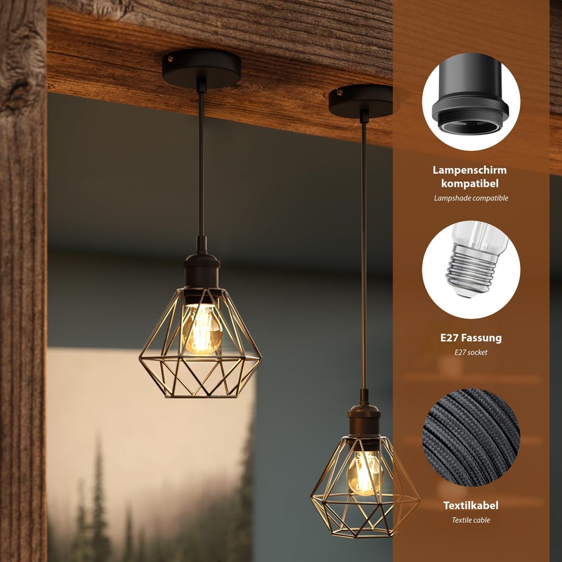 ledscom.de Retro Vintage Pendant Light Black Cage Shade + LED
