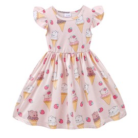 NUBEEHOHO Dress for Girls Cute Ice Cream Strawberry Print Toddler Summer Outfit Kids Ruffle Sleeve Pink Party Sundress 3-4 Years 4T/1820