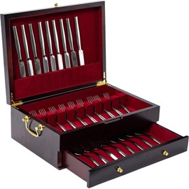 GENRICE Wooden Silverware Chest without Silverware Double-layer, Silverware Box Storage for Silver, Silverware Case with Handle and Felt Lined, Flatware Chest for 12 or 16 or more sets of Utensils