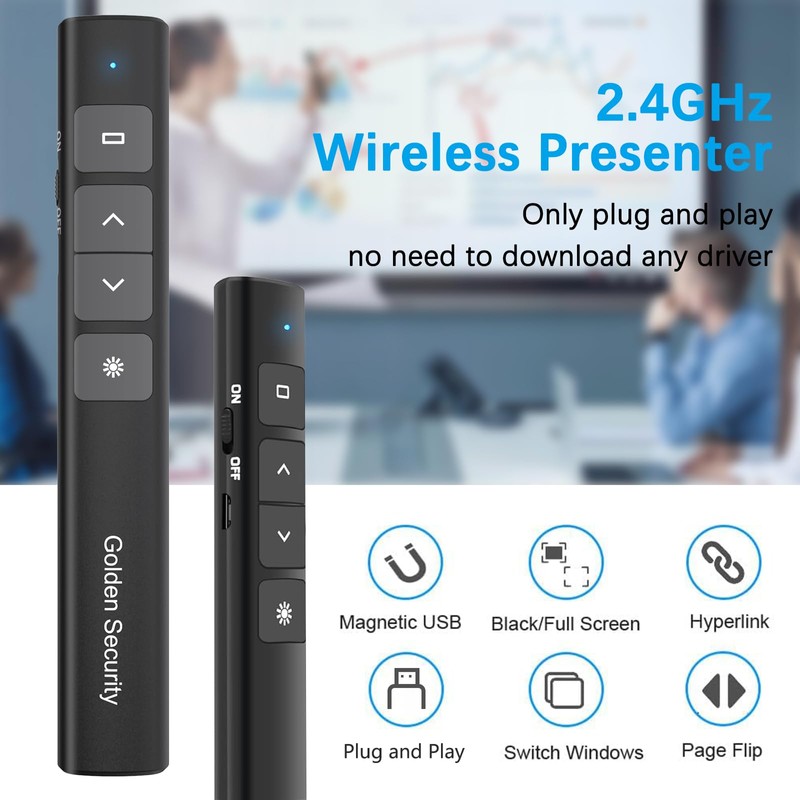 Golden Security Presenter, PowerPoint Remote Control 2.4 GHz Wireless Pointer