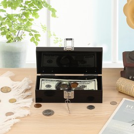 GUSHBIN Acrylic Cash Box with Lock Black Money Holder Organizer Small Money Box for Cash Currency Holder for Bill Coins, 7 x 3.1 x 2.3 Inch
