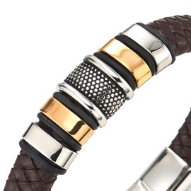 COOLSTEELANDBEYOND Mens Brown Braided Leather Bracelet Genuine Leather Wristband with Steel Ornaments and Clasp