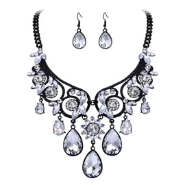 BriLove Costume Jewelry for Women's Fashion Tribal Ethnic Clear Crystal Chunky Statement Necklace Dangle Earrings Set Black-Toned