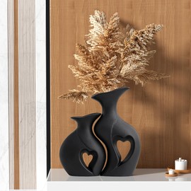 Black Ceramic Vase Set of 2,Filled with Love,Modern Minimalist Bohemian Vases Home Decor，Heart Shape Matte Ceramic Vases for Dinner Table Bookshelf Modern Home Console