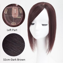 QIANCHUN U Part Silk Base Real Human Hair Topper Side Part Clip In Hairpiece Straight Seamless Wiglet Replacement for Women Hair Dropper (Parte izquierda, 32 cm, marrón granate)