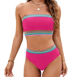 Yii ouneey Women Bikini Two Piece Bandeau Swimsuits High Waisted Strapless Bathing Suit Color Block Tummy Control Swim Suits