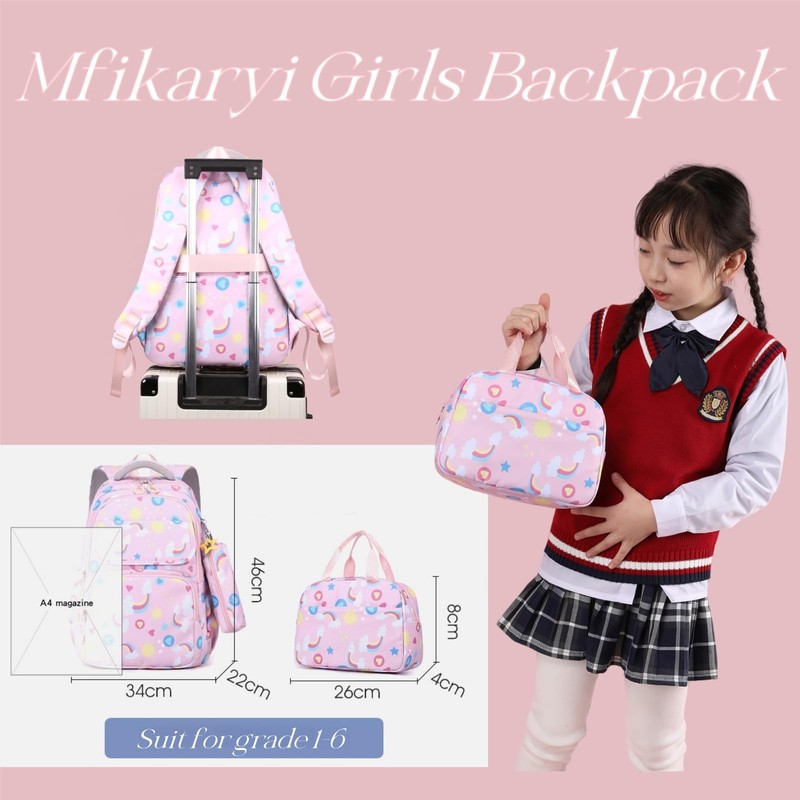 Mfikaryi Kids Backpacks for Girls Rainbow BookBag Set Teens School