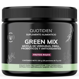Quotidien | Green Mix Jugo Verde en Polvo con Té Matcha, Espirulina, Té Verde, Espinaca, Clorofila, Moringa, Melena de León, Enzimas Digestivas, Probióticos y muchos más | Super Blend Sabor Frutos Rojos | 30 porciones