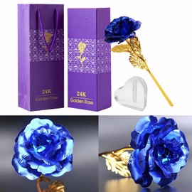 TINYOUTH 24k Gold Forever Rose, 24K Blue Rose Gold Plated Rose Flower with Gift Box and Bag for Lover Mother Friends, Valentine's Day, Mother's Day, Thanksgiving, Birthday, Christmas