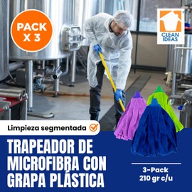 CLEAN IDEAS Paquete de 3 Repuestos de Trapeador Microfibra con Grapa de Plástico | Toalla de Microfibra 210g | Azul, Morado, Rojo | Gran Absorción con Rosca Mexicana | Ideal para Hogar y Negocio