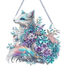 CAYUDEN Diamond Painting Hanging Ornaments, 5D Fox Diamond Door Pendant with Chain DIY Special Diamonds Acrylic Gem Painting Art Decor Kit Art and Craft Kit for Child, Adults Gift