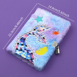 A5 Plush Mermaid Notebook,Mermaid Diary Glitter Journal Hardcover Lined Portable Notepad Furry Notebook with Pearl Lock and Key Party Gift for Girl Kid Secret Diary Set School Home Office Supplies