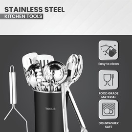 Avador® Premium Set of 10 Stainless Steel (BLACK HOLDER) Kitchen Tool Set with Holder Easy To Clean, Space Saving, Great for Cooking, Baking, Prepping (BLACK)