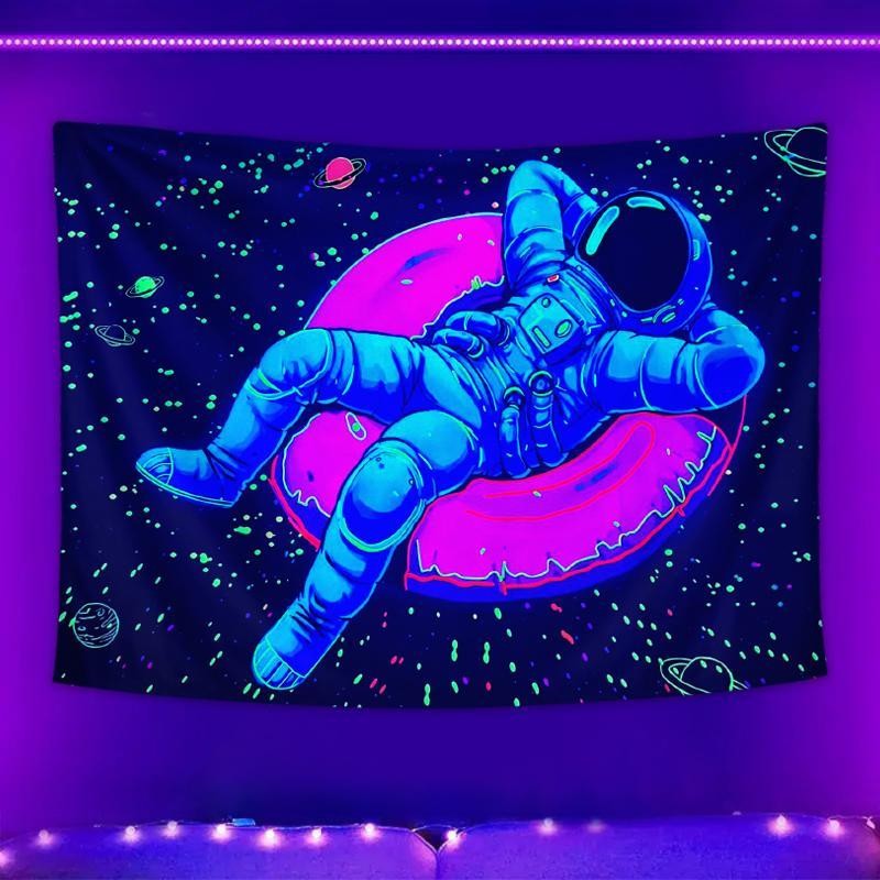 Astronaut Pattern Fluorescent Tapestry, Dark Themed Light Tapestry, Cool Milky