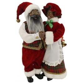 Windy Hill Collection Dancing Mr & Mrs Ethnic African American Santa Claus Red, Green, Gold Plaid 16" Inch Standing Figurine Figure Decoration 160050