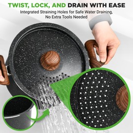 NutriChef 5qt Pasta Pot with Strainer Lid & Pasta Fork | Non-Stick Cooking Pot | Lockable Lid, Heat Resistant Handles | Even Heat Distribution | Easy Clean | Black Marble