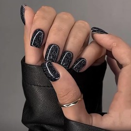24PCs Press On Nails, Short Square Medium Shape, Solid Dark Color Fake Nails, Stick on Nails Glue on Nails Short Coffin False Nails (Black Glitter)