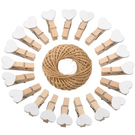 Heart Pegs,100Pcs Mini Wooden Clothespins, White Photo Paper Clips with 30 Meters Jute Twine for DIY Decorations