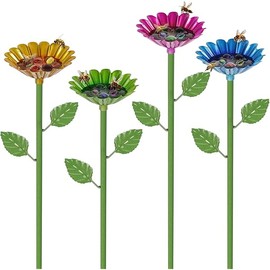 Bee Watering Station, 4 Pack Metal Bee Cups for Garden, Bee Feeder for Thirsty Pollinators with 20 Glass Marbles, Butterfly Feeder Yard Decor, Outdoor Colorful Flower Design