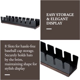MyGift 8 Slot Modern Matte Black Metal Tabletop Hat Display Rack with Rustic Burnt Solid Wood Base, Baseball Cap Storage Organizer Stand for Table Dresser Closet Shelf