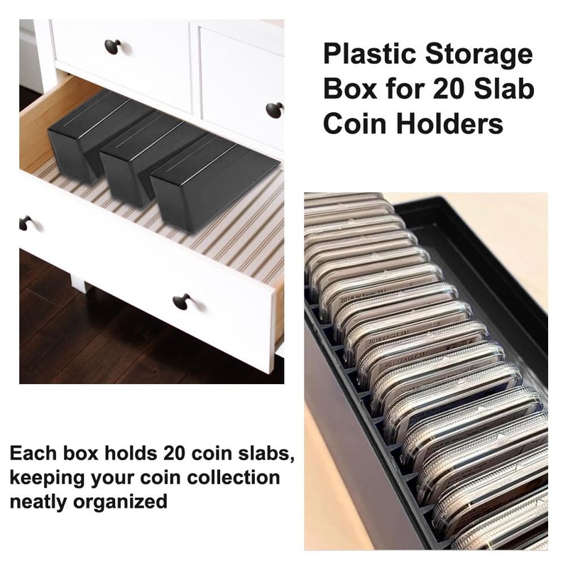 3 Pack Plastic Coin Slab Storage Boxes, Black Coin Slab