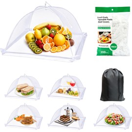 6 Pack 17"x17" Food Covers + 200pcs Plastic Wrap for Food, White Pop-Up Umbrella Food Screen Tents with Storage Bag, Reusable Outdoor Net for Picnic, BBQ, Camping, Party & Indoor Kitchen Use