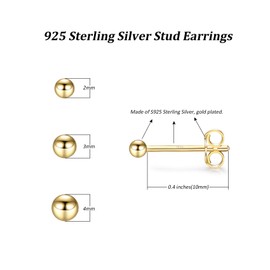CERSLIMO Silver Stud Earrings for Women Men Girls, 3 Pairs Sterling Silver Tiny Ball Stud Earrings Small Dot Studs Dainty Cartilage Tragus Sleeper Earrings Set (2mm/3mm/4mm, Gold)