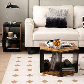 Giantex Hexagonal Coffee Table Set of 2, Stackable Nightstand with Open Storage Space, Multifunctional End Table for Living Room, Reception Room, Small Space, Black & Brown