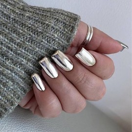 ANDGING Chrome Silver Press on Nails Square Short Medium Fake Nails with Fantasy Designs Acrylic Glue on Nails for Wedding Full Cover Classy Manicure Pressons False Nails for Women Gel Stick on Nails