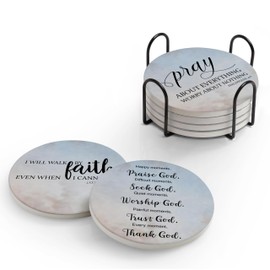 Hoomey Coasters for Drinks with Bible Verses, Set of 6 Sky Blue Absorbent Drinks Coasters with Holder Ceramic Drink Coaster with Cork Backing for Table Protection, Christian Gifts
