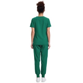 Floralhue Women's V-Neck Scrubs Top & Cargo Pants Set, 10 Pockets, Yoga Waistband, 4 Way Stretch, Hunter Green, M