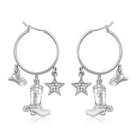 Silver Plated Western Cowgirl Boot Hat Dangle Drop Hoop Earrings for Women Boho Cowboy CZ Star Tassel Dangling Lightweight Hypoallergenic Fashion Jewelry for Party Christmas Her, Metal, Cubic Zirconia
