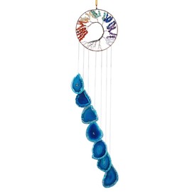 SUNYIK Tree of Life Agate Slice Wind Chime, Handmade 7 Chakra Stone Healing Crystal Wind Chime for Indoor Outdoor Decoration Ornament 28-30'', Blue
