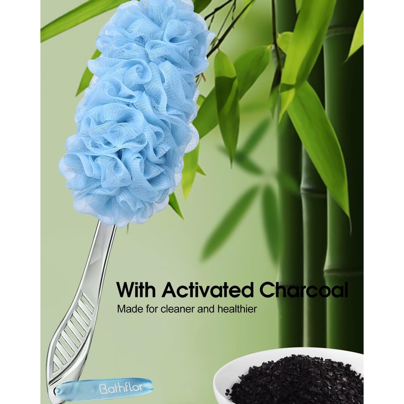 (2+1) Pack Back Scrubber for Shower，Loofah with Handle: 2PCS Long