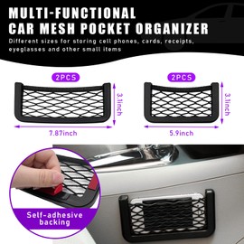 Dickno 4 PCS Car Pocket Phone Net, Universal Seat Side Storage Net Bag with Double Sided Tape, Automotive Frame Storage Net Pocket, Vehicle Interior Organizer for Phone Purse Bag
