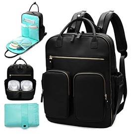 Diaper Bag Backpack Mominside Leather Backpack with 18 Pockets for Mom Dad, Travel Baby Bag for Boys Girls, Large Wet Pocket, 4 Insulated Pockets, Changing Station, Stroller Straps, Black