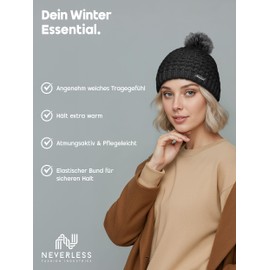 Neverless Women's Knitted Hat Pearl Knit Pattern Bobble Hat Winter Hat without Envelope with Fleece Lining and Faux Fur Bobble Model 1978, black, Unit size