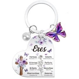 Bozidol Spanish Christian Gifts for Women, Purple Floral Cross Bible Verse Keychain with Butterfly Charm, Religious Inspirational Gifts for Easter Christmas Baptism Birthday Graduation Mother’s Day