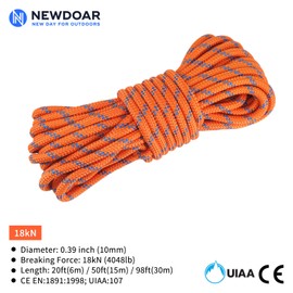 NewDoar CE & UIAA Certificated 18KN Static Climbing Rope 10mm (3/8in) High Strength Accessory Cord Double Braid Safety Rope for Prusik Hauling Dragging(Orange 10mm,165ft)