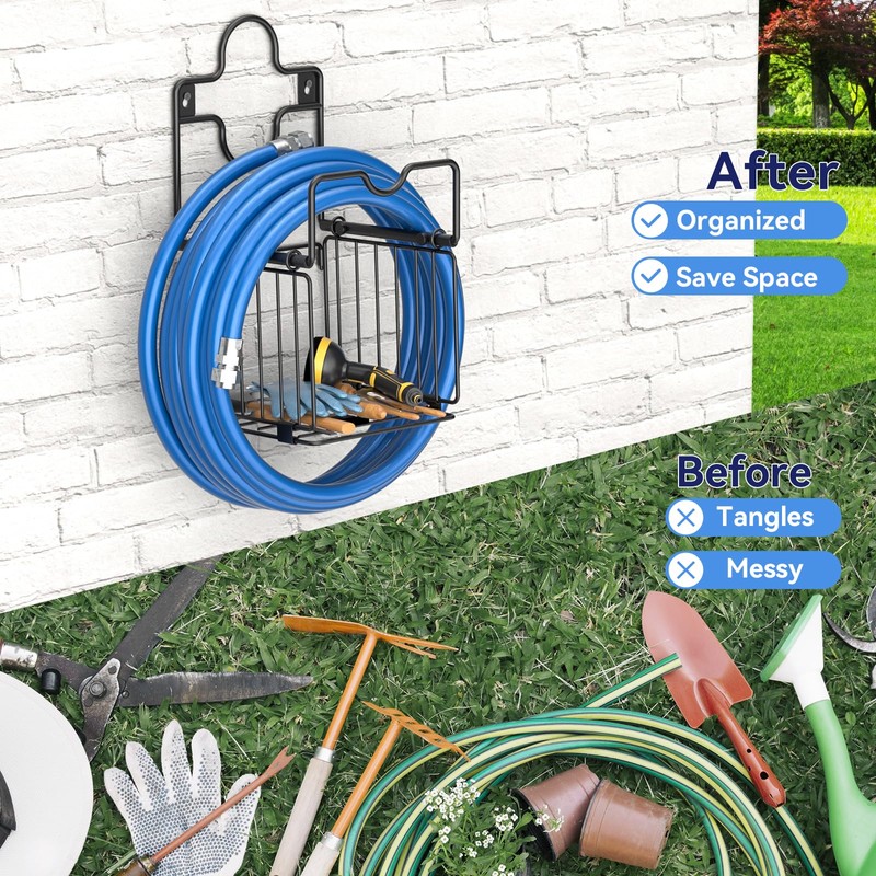 Garden Hose Holder Metal Water Hose Holder with Storage Basket