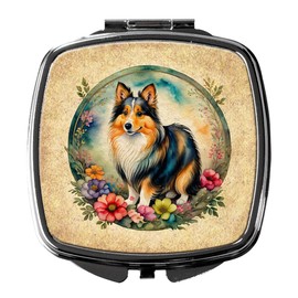 Caroline's Treasures Sheltie and Flowers Compact Mirror Decorative Travel Makeup Mirror for Women Girls Gifts Pocket Makeup Mirror Folding Handheld