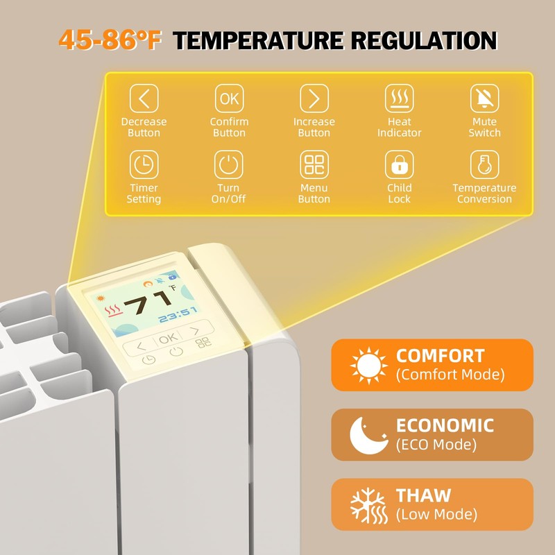 Electric Wall Heater for Indoor Use LED Display 800W Adjusting