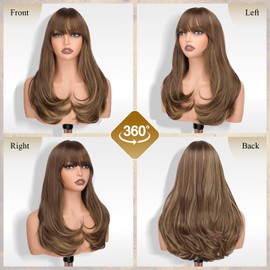 FESHFEN Long Wigs with Bangs, Synthetic Natural Looking Layered Straight Hair Wig for Women Daily Party Use 18 inch, Brown Mixed Blonde