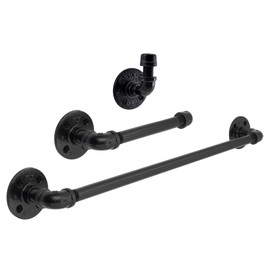 Industrial Pipe Bathroom Hardware Fixture Set by Pipe Decor 3 Piece Kit Includes Robe Hook, 18 Inch Towel Bar and Toilet Paper Holder, Heavy Duty DIY Style, Modern Chic Electroplated Black Finish